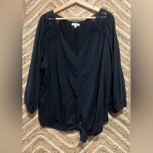 Max Studio Women's Black Blouse with Lace,Tie Knot Front,Size 3X